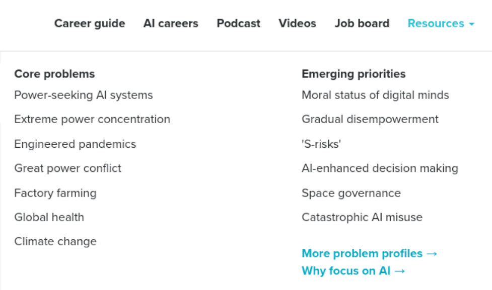 Screen shot from 80000hours.org showing a list of the resources they offer