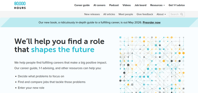 Screen shot of the opening page at 80000hours.org. Text reads 'We'll help you find a role that shapes the future.