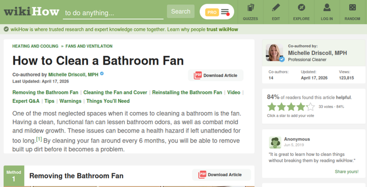 Screen shot of an article in wikiHow on how to clean a bathroom fan