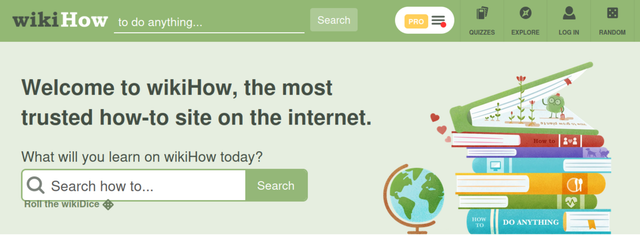 Screen shot of the front page of wikiHow web site. Text reads 'Welcome to wikiHow, the most trusted how-to site on the internet.' There is an image of a stack of books on the right and a search box.